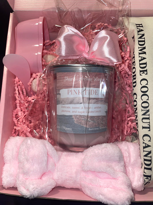 PREORDER NOW: Pink Tide - Self Care Kit | Mask, Headband, & Amber & Jasmine Candle (9 oz)