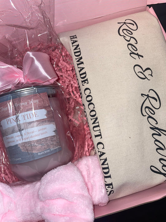 PREORDER NOW: Pink Tide - Self Care Kit | Mask, Headband, & Amber & Jasmine Candle (9 oz)